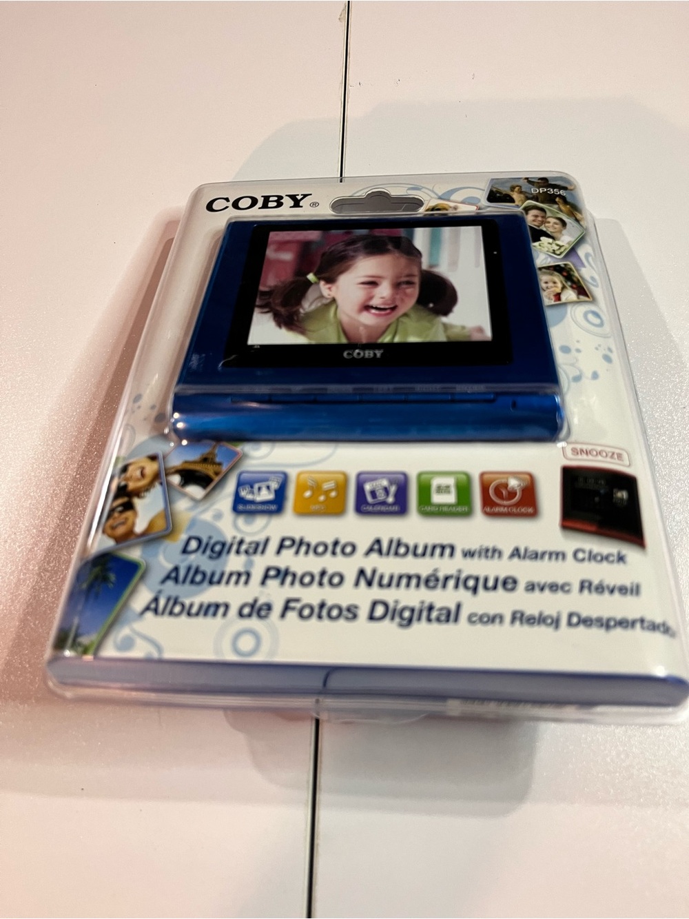 COBY Portable Digital Photo Album in Blue with Alarm Clock